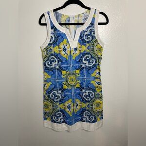 Idillio Positano Women M Blue White Majolica Tile Print 100% Linen Shirt Dress